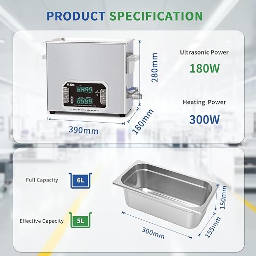 DK SONIC Professional Ultrasonic Cleaner 6L, 180W Heavy-Duty Sonic Cleaner with Timer,Heater&Touch Control, Multi-Application for Motorcycle Engines, Carburetors, Chains (Include Basket)