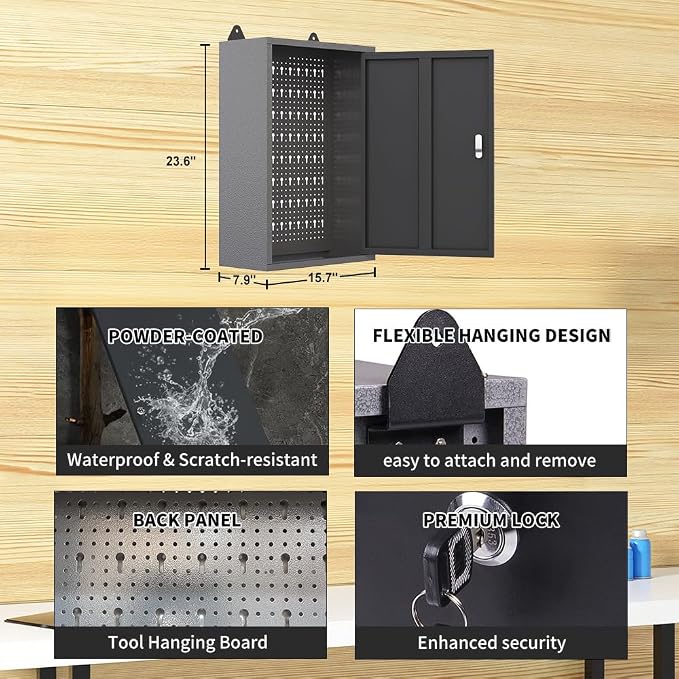 JZD Metal Storage Wall Mounted Lockable Cabinet with 22 Tool Hooks, for Garage Basement Workshop, Black & Gray