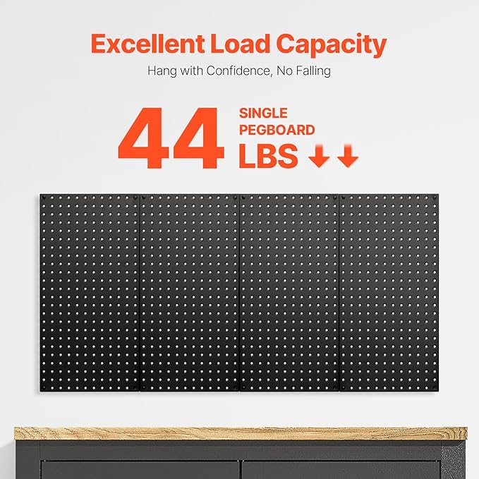 VEVOR Metal Pegboard Panels, 24" x 12" Pegboard, 4 Panels, Heavy Duty Steel Peg Board Wall Organizer, for Living Room Garage Tool Storage Workbench Office Organization Craft Room Kitchen Home, Black