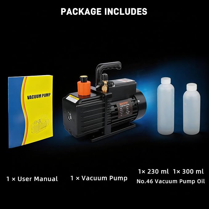 5 CFM 1/2 HP 2 Stage HVAC Vacuum Pump, Sparkless for A1 & A2L Refrigerants (R32, R1234yf, R134a, R22, R410A), 0.3 Pa Ultimate Vacuum HVAC & Automotive AC Systems