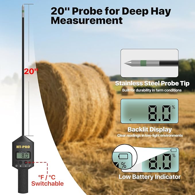 Hay Moisture Tester with 20" Probe, Moisture & Temperature Meter for Round and Square Hay Bales, Fast Backlit Readings, Calibration Clip Included, Black