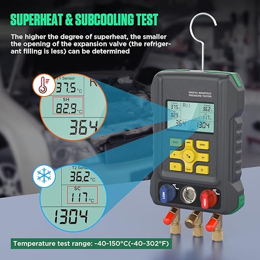 HVAC Digital Manifold Gauge Set for 92 Refrigerant Digital HVAC Gauges Pressure&Temp Test R134A R410A R404A R22 Refrigerant Gauges with Hoses, Upgraded Ball Valve,for Air Conditioning & Refrigeration