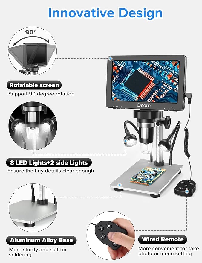 7'' Digital Microscope 1200X,Dcorn 12MP 1080P Photo/Video Microscope for Adults Soldering Coins,Metal Stand,Wired Remote,10 LED Fill Lights,PC View,Windows/Mac Compatible