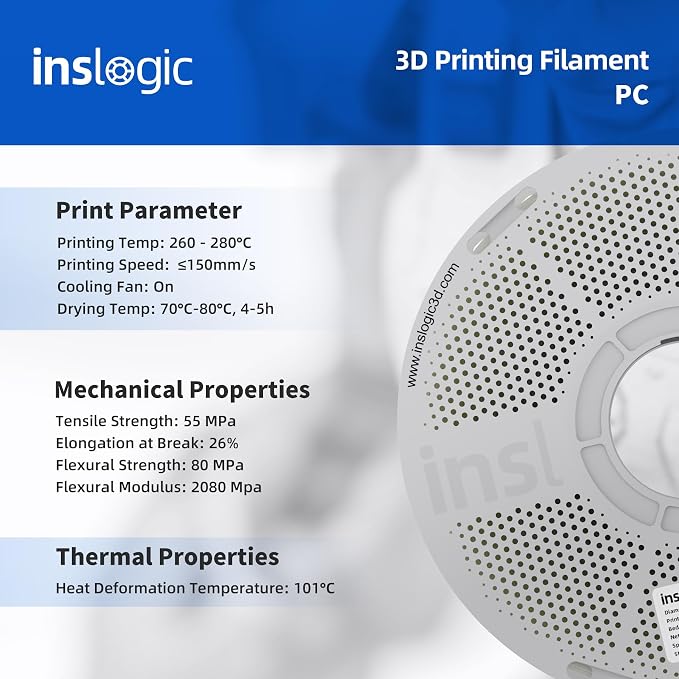 Inslogic PC Filament 1.75mm, 1KG Polycarbonate 3D Printer Filament, Tough & Ductile, Heat Resistant, Low Warping, Faster Printing for Functional & Industrial Parts (Natural White)