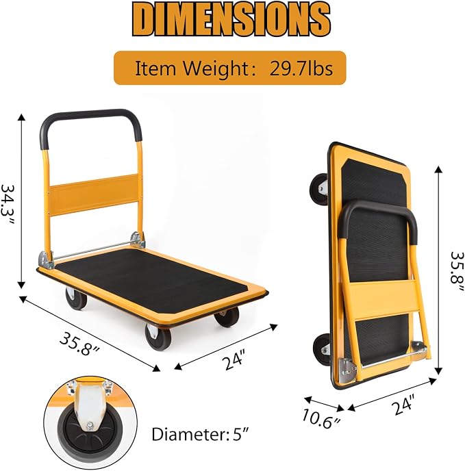 LEADALLWAY Platform Truck Large Size 880lbs 35.8x24x34.3inches Yellow with 2 Rope+Collapsible Service Cart