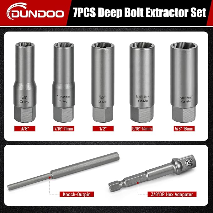 7pcs Bolt Extractor Kit, Stripped Bolt Extractor Set, Deep Long Easy Out Set, Lug Nut Remover Socket Tool for Studs, Damaged, Frozen, Rusted, Rounded-Off Bolts, Nuts