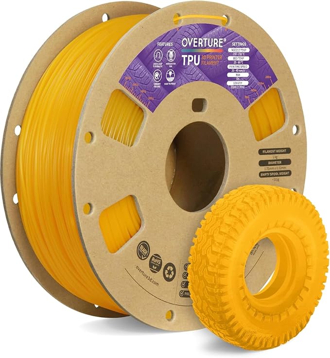 OVERTURE TPU 95A Flexible 3D Printer Filament 1.75mm | High Elasticity & Durability Filament,1kg Spool(2.2lbs),Fit Most FDM Printer(TPU Yellow)