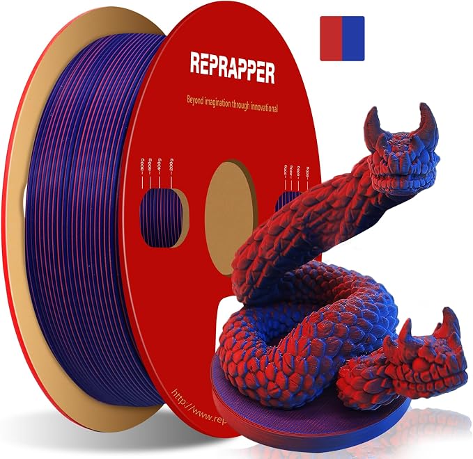 Reprapper Dual Color Filament Fillamentum pla 1.75 Multicolor 1.75mm for 3D Printer, Color Change Filament PLA, 2.2lbs (1kg), Matte PLA Red & Blue