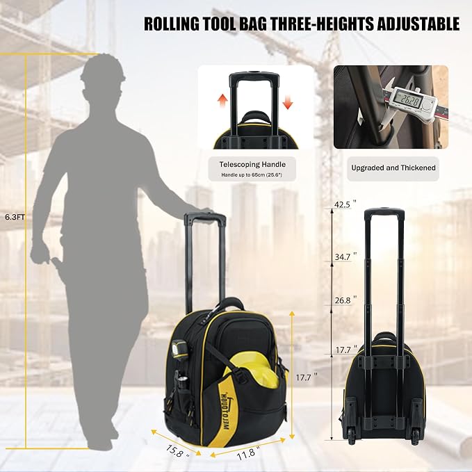 MELOTOUGH Rolling Tool Bag with Telescoping Handle 35 Pockets Wheeled Electrician Backpack Tool Bag For Men,Water Resistant Tool Storage Organizer Including Laptop Sleeve (Yellow）