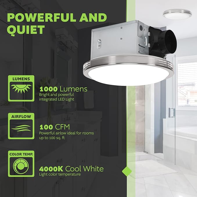 Homewerks 7105-07 Bathroom Fan with LED Light Ceiling Mount Exhaust Ventilation Silent 2.5 Sones 100 CFM, Decorative Brushed Nickel Trim