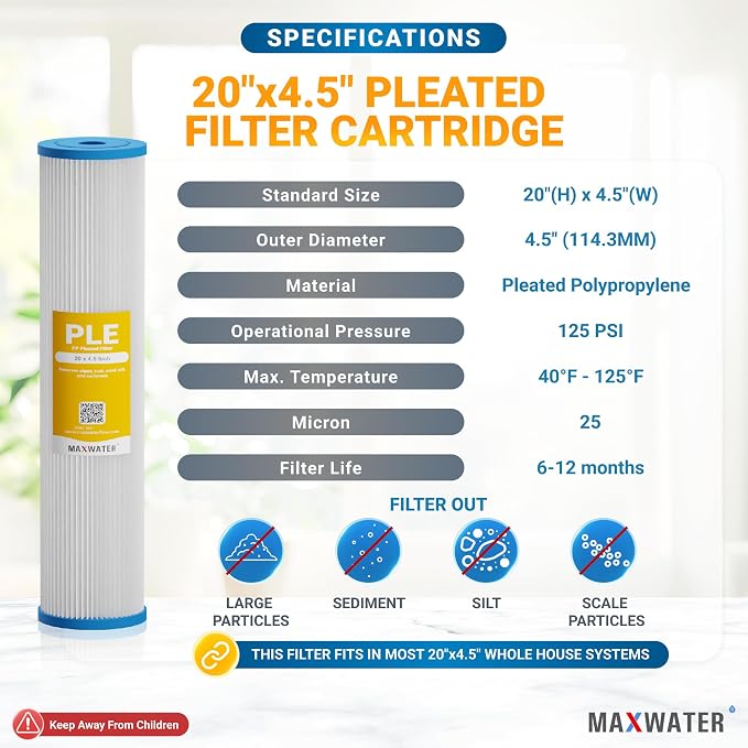 Max Water 25 Micron 20 x 4.5 Whole House Pleated Sediment Water Filter Replacement Cartridge for Well Water Filtration