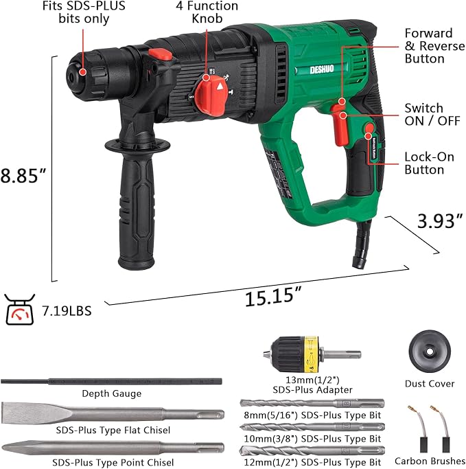 1" SDS-Plus Lightweight Concrete Rotary Hammer Drill w/ 1/2" Adapter | 9 Amp Corded Electric 7.2 Lbs 4 Functions & Reverse Variable Speed Safety Clutch Rotomartillo w/ 3 Drill Bits 2 Chisels Case