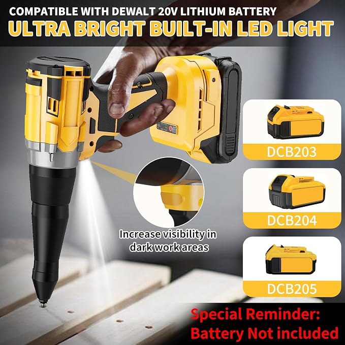 Electric Rivet Gun Compatible with Dewalt 20V Battery,Cordless Rivet Tool With 3 Size (1/8", 5/32", 3/16"),Brushless Pop Rivet Gun Kit (No Battery) for Autorepair DIY