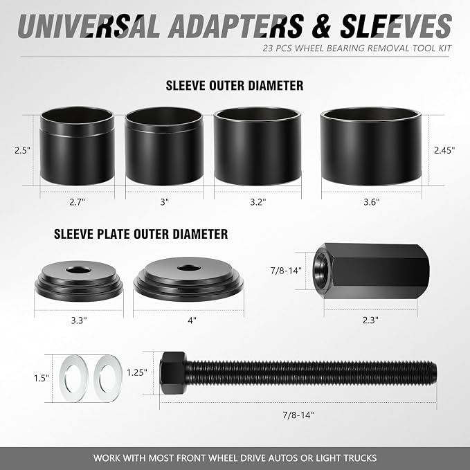 DNA Motoring 23pcs Front Wheel Drive Bearing Removal Installation Tool Set, Wheel Bearing Puller Adapters Kit, TOOLS-00574