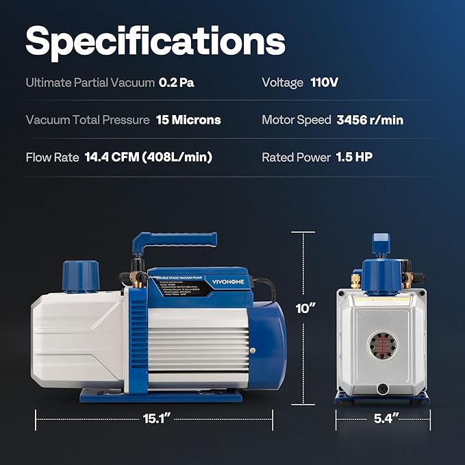 VIVOHOME 1.5 HP 14.4 CFM 2 Stage HVAC Vacuum Pump for R134a R12 R22 R502 R410a Systems, Auto AC Vacuum Pump for Automotive Air Conditioner Refrigeration Maintenance with 2 Oil Bottles