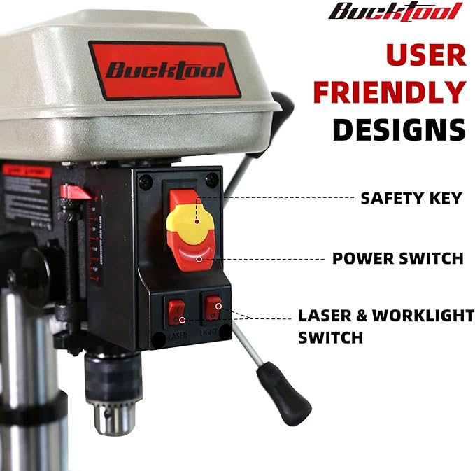 BUCKTOOL 10-Inch Drill Press 6.2 Amp 3/4 HP Bench Drill Press 5-Speed Benchtop Drilling Machine with LED Work Light