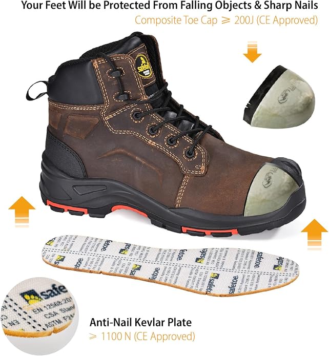 Safety Boots for Men Work Boots Waterproof Cow Leather Slip On Work Shoes Wide Fit