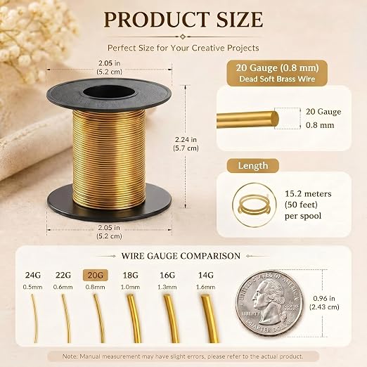 Therwen 50ft 20 Gauge Brass Wire for Gardening, Electroculture, Bonsai, Jewelry Making Beading DIY Craft Pure Bare Brass Wire Spool
