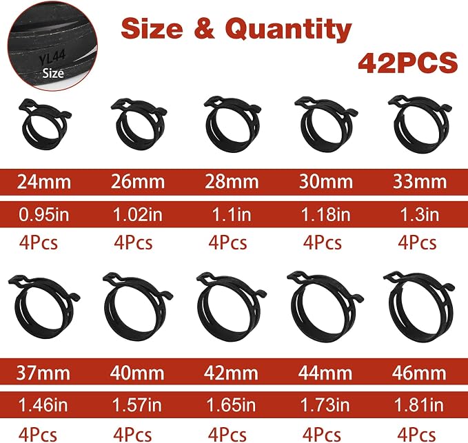 42Pcs 24-46mm Spring Hose Clamps With Swivel Flat Hose Clamp Plier Hose Removal Pliers Assortment kits -10 Large Sizes Fuel Line Clamps Made of Chrome Vanadium Steel