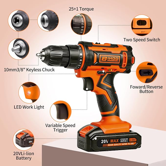 20v Drill Driver Set,Cordless Drill with Battery and Charger,LED Tools Kit,25+1 Torque Setting,43pcs Drill Bits,Orange