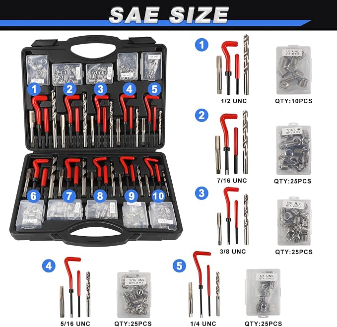 263PCS Thread Repair Kit HSS Drill Helicoil Kit, Rethreading Tool | Rethreading Kit with Thread Gauge Metric and SAE1 /4" 5/16" 3/8" 7/16" 1/2" M5 M6 M8 M10 M12