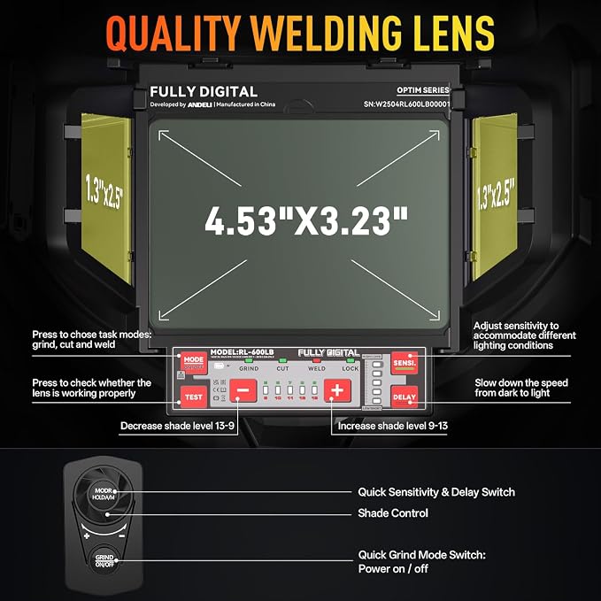 ANDELI Auto Darkening Welding Helmet with Light-Full Digital Filter, 7.2"x3.2" Extra Wide Panoramic View, Type-C Fast Charging True Color Wide Shade 4/5-9/9-13 for Weld Cut Grind