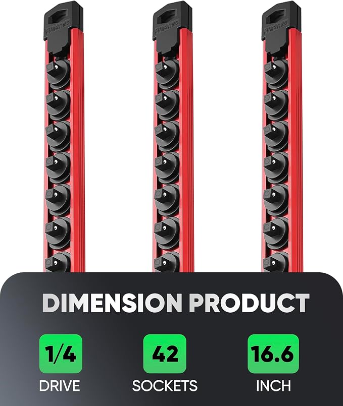 ALOANES Magnetic Socket Organizer Set, 3-Piece Heavy Duty Aluminum Socket Rails, 360° Swivel Clips Socket Rail Kit for Tool Tray Drawer Fit 1/4-Inch x 42 Clips (Red, 3PC)