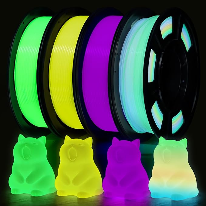 RepRapper 4 x 250g Glow Colors Pack, Glow in the Dark PLA Filament 1.75mm (+- 0.03mm) for 3D Printer, 4x250g Spools - Yellow, Purple, Green, White to Rainbow