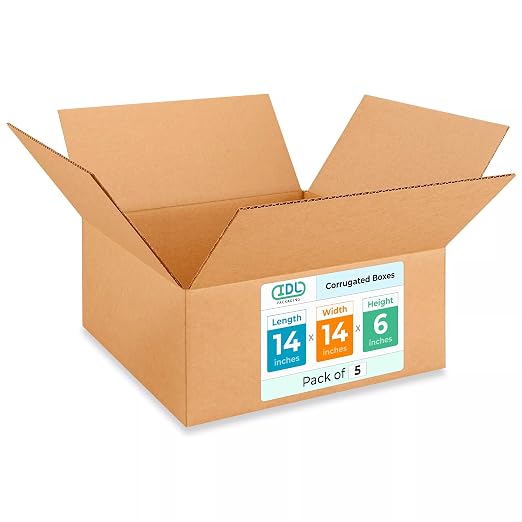 Medium Moving & Shipping Boxes 14 x 14 x 6 inches (5-Pack) - Extra Strength 200 lb vs Regular - USA-Made Corrugated Strong Boxes for Packaging - Moving Cardboard Box - Corrugated Box by IDL Packaging