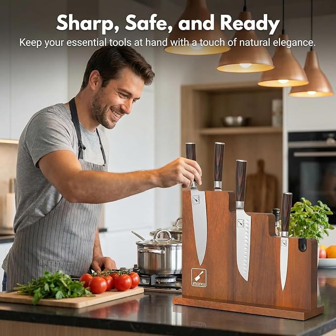 imarku Magnetic Knife Block Holder, 13 x 10 Inches, imarku Magnetic Knife Holder Rack for Kitchen Counter, Double Sided Magnet Knife Storage Stand with Knife Sharpener, Stepped Block