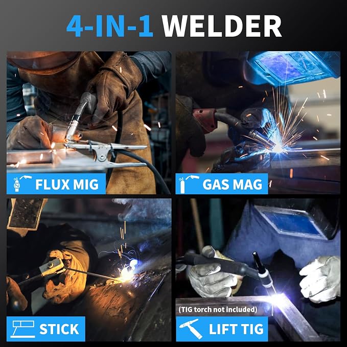 AZZUNO 4 in 1 MIG Welder 110V/220V, 145Amp MIG Welding Machine with Gas/Gasless Flux Core MIG/Lift TIG/Stick Welding, Wire Feed Welder with Synergic Control