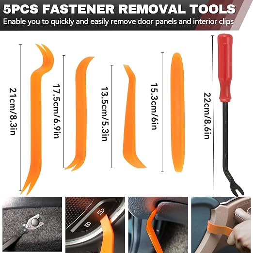 245Pcs Car Retainer Clips & Tools All-in-One Kit - 240 Black Push Pins (12 Sizes) with 5 Orange Pry Bars Stored Inside Box. Portable Bumper Fender Fastener Set for GM Ford (245Pcs)