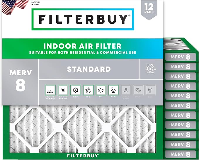 Filterbuy 17x17x1 Air Filter MERV 8 Essential Dust & Allergy Defense (12-Pack), Electrostatic Pleated HVAC AC Furnace Filters Replacement, Made in USA (Actual Size: 17.00 x 17.00 x 0.75)