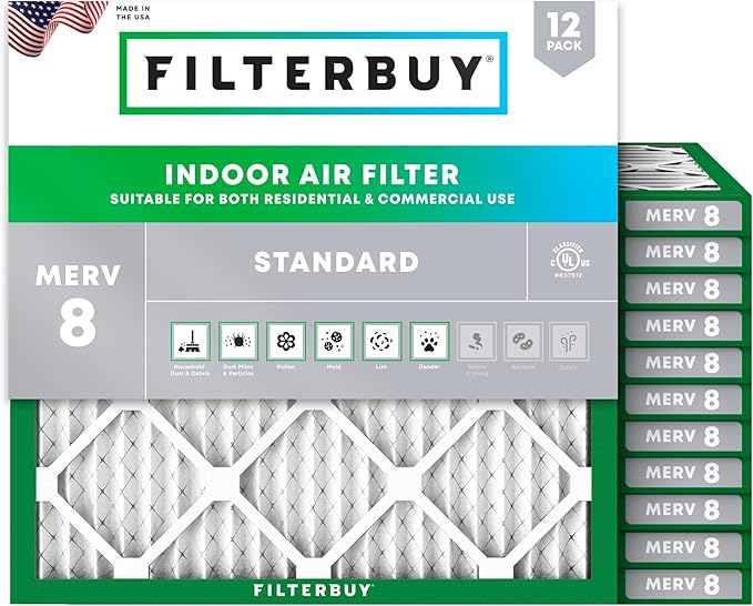 Filterbuy 19x19x1 Air Filter MERV 8 Essential Dust & Allergy Defense (12-Pack), Electrostatic Pleated HVAC AC Furnace Filters Replacement, Made in USA (Actual Size: 19.00 x 19.00 x 0.75)