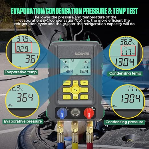 HVAC Digital Manifold Gauge Set for 92 Refrigerant Digital HVAC Gauges Pressure&Temp Test R134A R410A R404A R22 Refrigerant Gauges with Hoses, Upgraded Ball Valve,for Air Conditioning & Refrigeration
