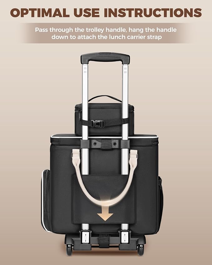 Ytonet Rolling Laptop Bag with Insulated Lunch Box, 15.6 In Rolling Briefcase for Women with Large Cup Holder, Detachable Trolley Roller Underseat Bags for Work, Office, Teacher, Travel, Black Beige