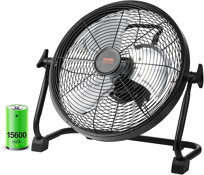 VEVOR 12'' Rechargeable Floor Fan, Portable Quiet Personal Fan for Home or Office, 360 Degree Manual Pivoting Head, Stepless Speed Regulation High Velocity, Heavy Duty Metal Industrial Cordless Fans