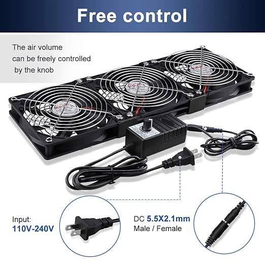 Wathai Dual Ball 3 x 120mm Computer Fan with AC Plug DC 12V Server Fans | Baseboard Booster Fan with 110V 120V 220V 240V AC Speed Controller for DIY Cabinet Chassis Machine Rack Workstation Cooling