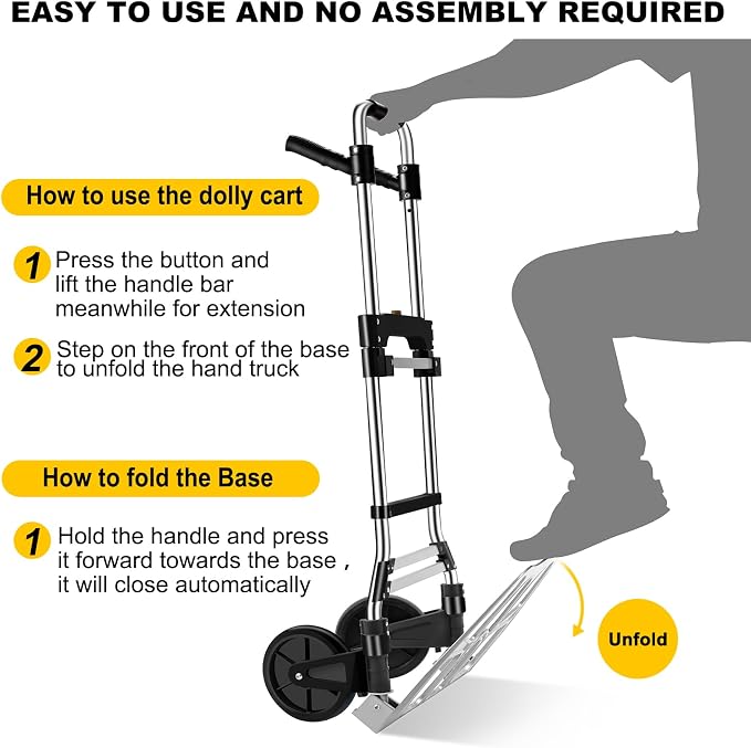 330 LB Capacity Folding Hand Truck Dolly Cart, Portable Aluminum Dolly Cart with Telescoping Handle and Rubber Wheels for Moving,Shopping,Travel,Office Use.