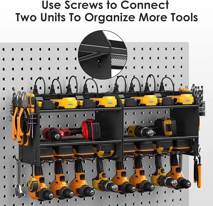 CCCEI Wall Mount Modular Tool Charging Organizer, Black, 1 Pack, 3 Tier. | Drill Battery Storage Rack with Hooks, Garage Workshop, Gifts for Men, Dad, Husband Anniversary, Birthday, Christmas
