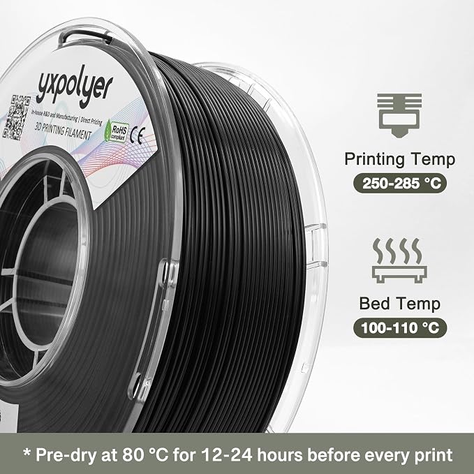 YXPOLYER Nylon Filament PA6 Black Easy PA 3D Printing Filament 1.75mm 1kg | Easy to Print, AMS Compatible Spool, Engineering-grade, Low Warp, FDM Printer, Pre-dried, High Speed Low Temp Printing