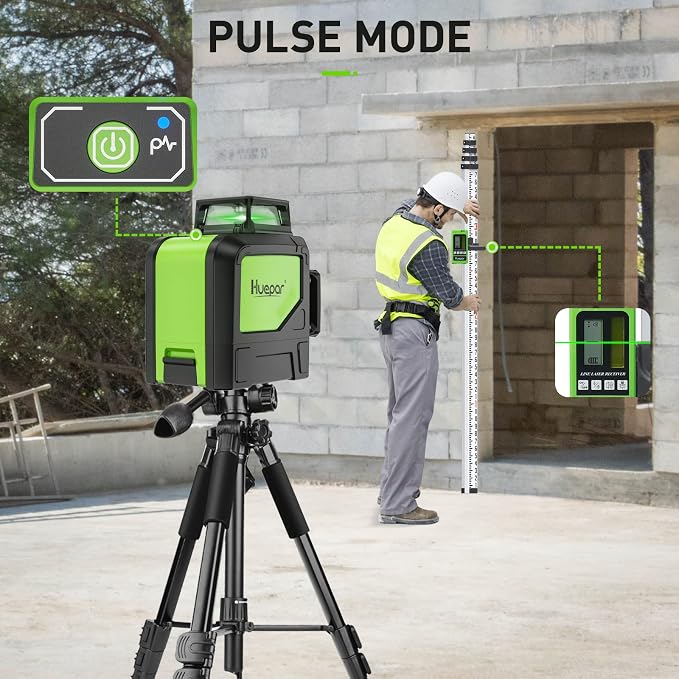 Huepar 902CG Cross Line Laser Level 2x360° Self-Leveling Laser Leveler, 2D Green Cross Line Lazer Level with Pulse Mode, Switchable Horizontal and Vertical, Magnetic Pivoting Base Included
