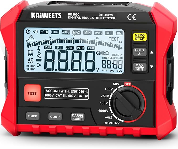 KAIWEETS Megohmmeter, Insulation Resistance Tester, Up to 100GΩ, 50V/100V/250V/500V/1000V, One-Touch DAR/PI, with AC/DC Voltage Testing for Motors, Solar, HVAC