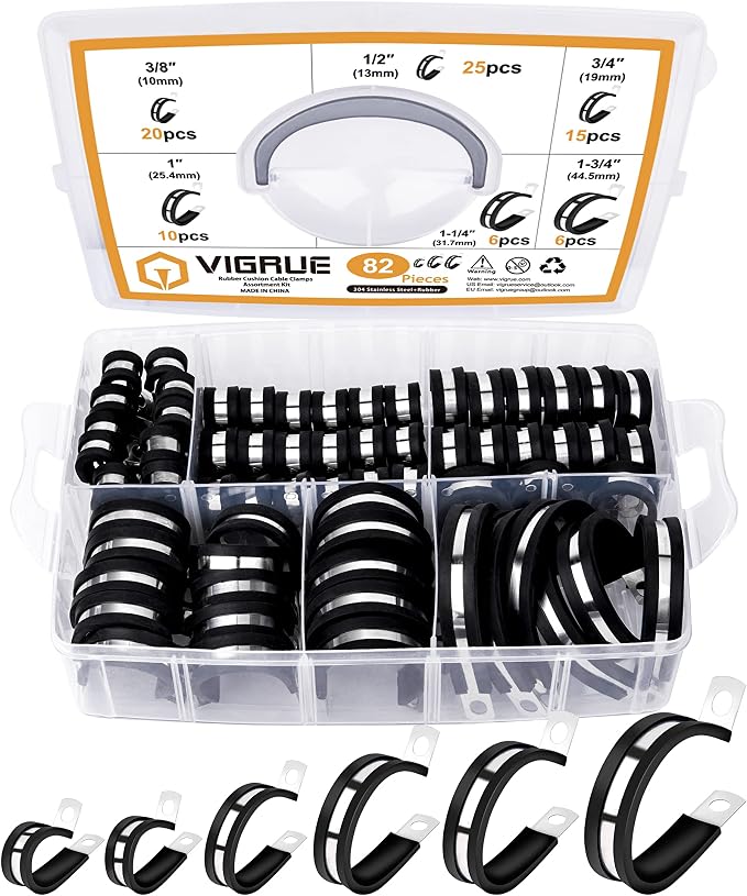 VIGRUE Cable Clamps Kit, 82PCS Large Rubber Clamp 3/8″ 1/2″ 3/4″ 1″ 1-1/4″ 1-3/4″ Pipe Clamps 304 Stainless Steel Clamp for Tube, Pipe or Wire Cord Installation