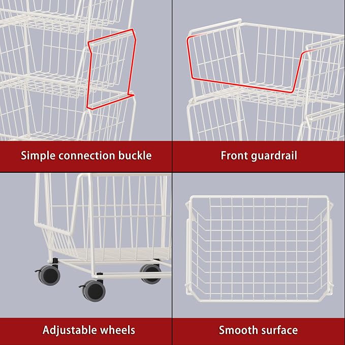PUSDON 4-Tier Spacious Stackable Wire Storage Baskets with Wheels, Metal Rolling Utility Cart, Produce Basket for Pantry, Bathroom Organizer Shelf, Classic White