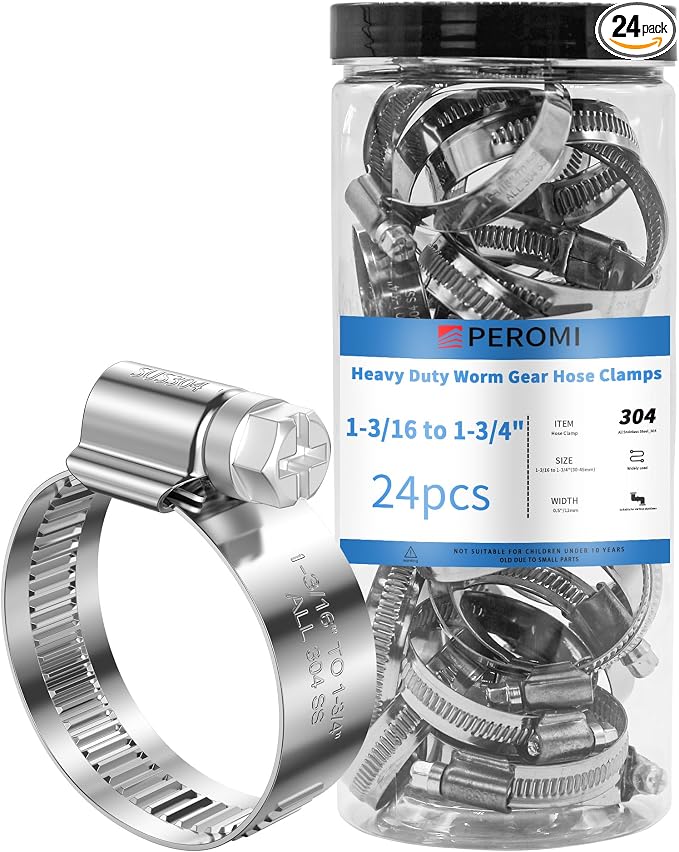 24PCS Adjustable Hose Clamps, 304 Stainless Steel Worm Gear, 1-3/16" to 1-3/4"(30-45mm), Rolled Edge No Perforations, Heavy Duty Reusable Pipe Clamp for Home, Auto, Piping, Marine, Industrial
