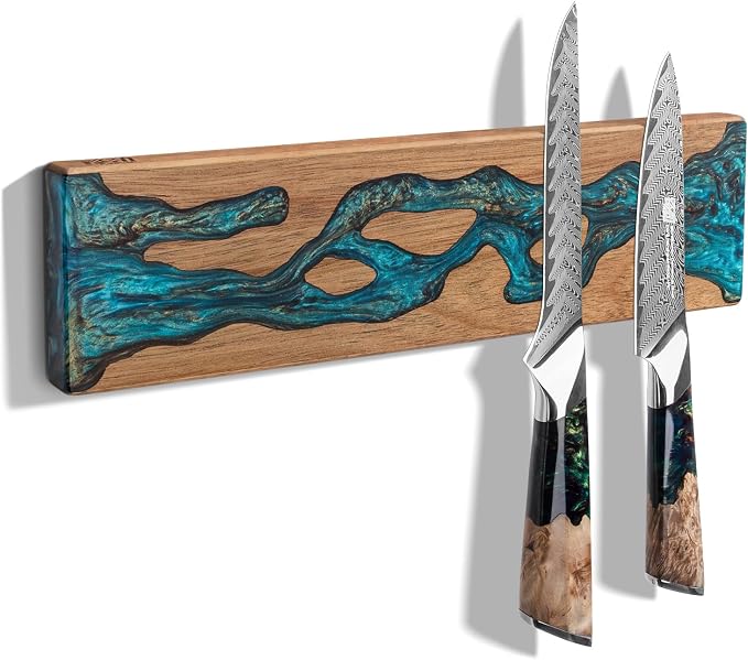 FINDKING Magnetic Knife Strip for Wall, Solid Acacia Wood with Mineral Blue Resin Inlay, Wall-Mounted Knife Holder with Strong Magnetic Hold, No-Drill Adhesive Mount (12 Inch)