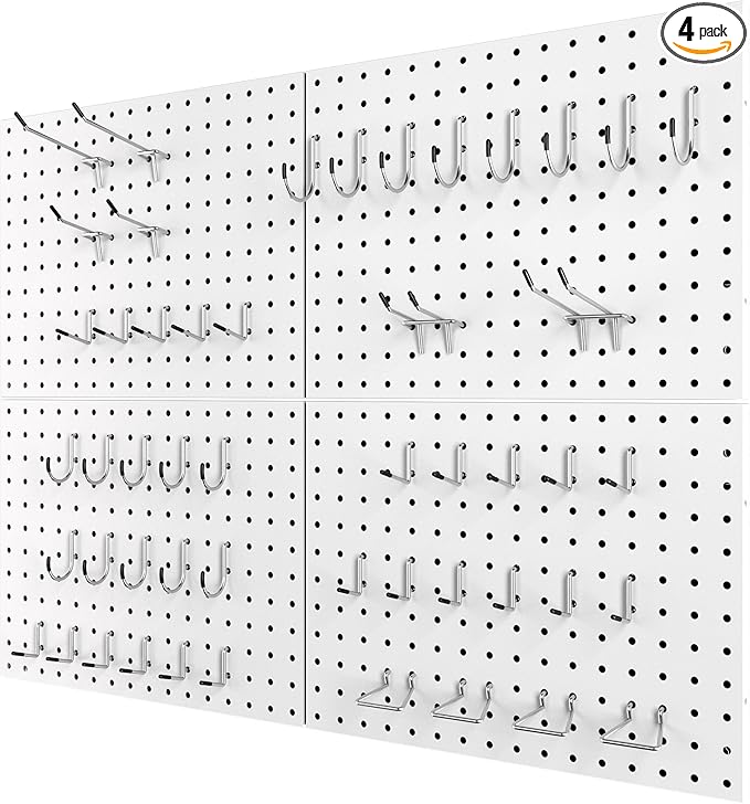 Peg Board 4 Pack Metal Pegboard Panels with 50 Hooks, White Pegboard Organizer