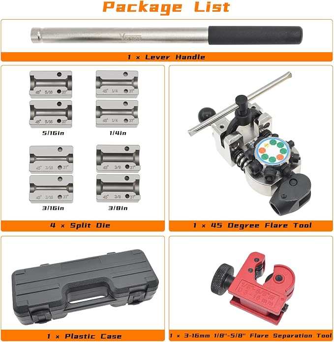 Brake Line Flaring Tool Kit, 45 Degree Single, Double and Bubble Flares, Brake Line and Tubing Flaring Tool for 3/16", 1/4", 5/16", 3/8" and 4.75mm Diameter Lines, Brake Flaring Tools