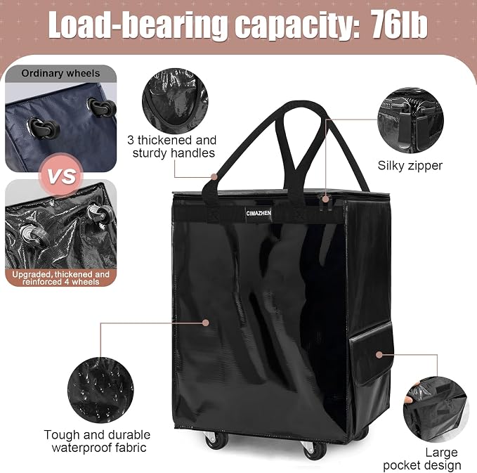 (Medium,Black) Reusable Grocery Bag on 4 Wheels, 70L Foldable Rolling Tote Bag with 3 Handles and Zipper, Rolling Shopping Cart for Groceries, Storage, Laundry, Travel, Organizer, 76lb